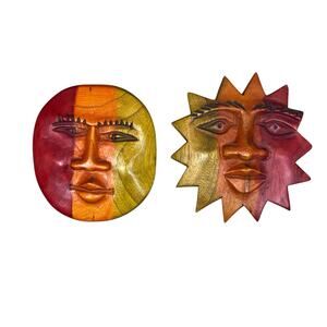 SOLD.   Carved Wood Sun And Moon Faces Wall Art Boho Celestial